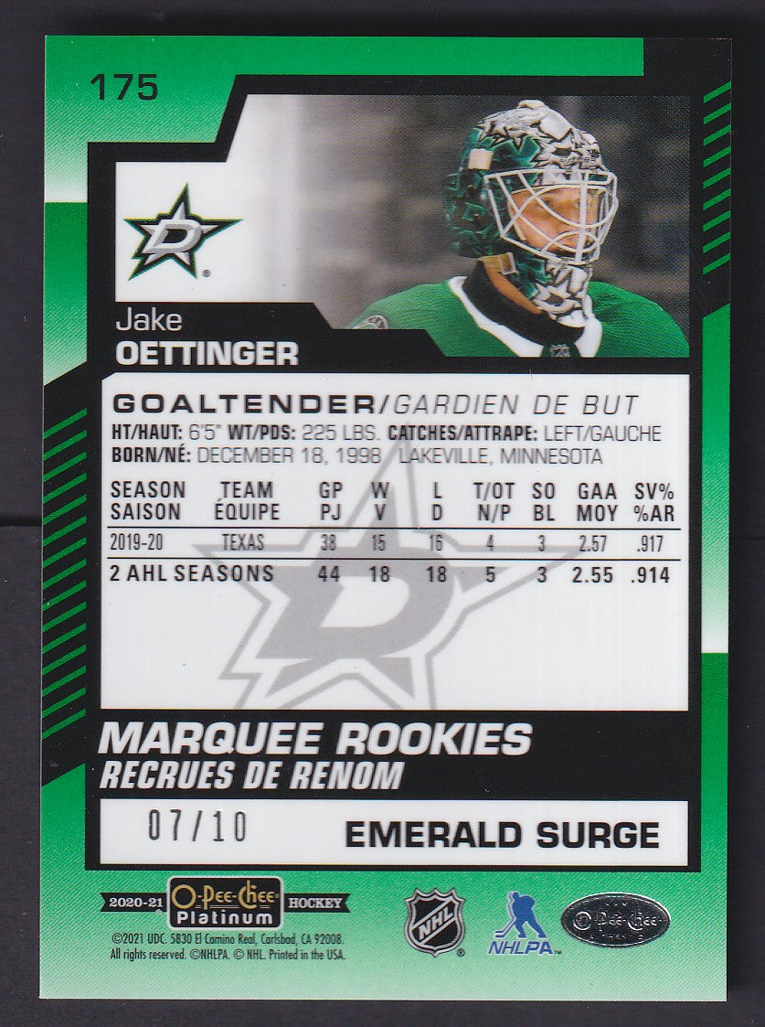 JAKE OETTINGER - 2020 O-Pee-Chee Platinum Marquee Rookie EMERALD SURGE #175, /10
