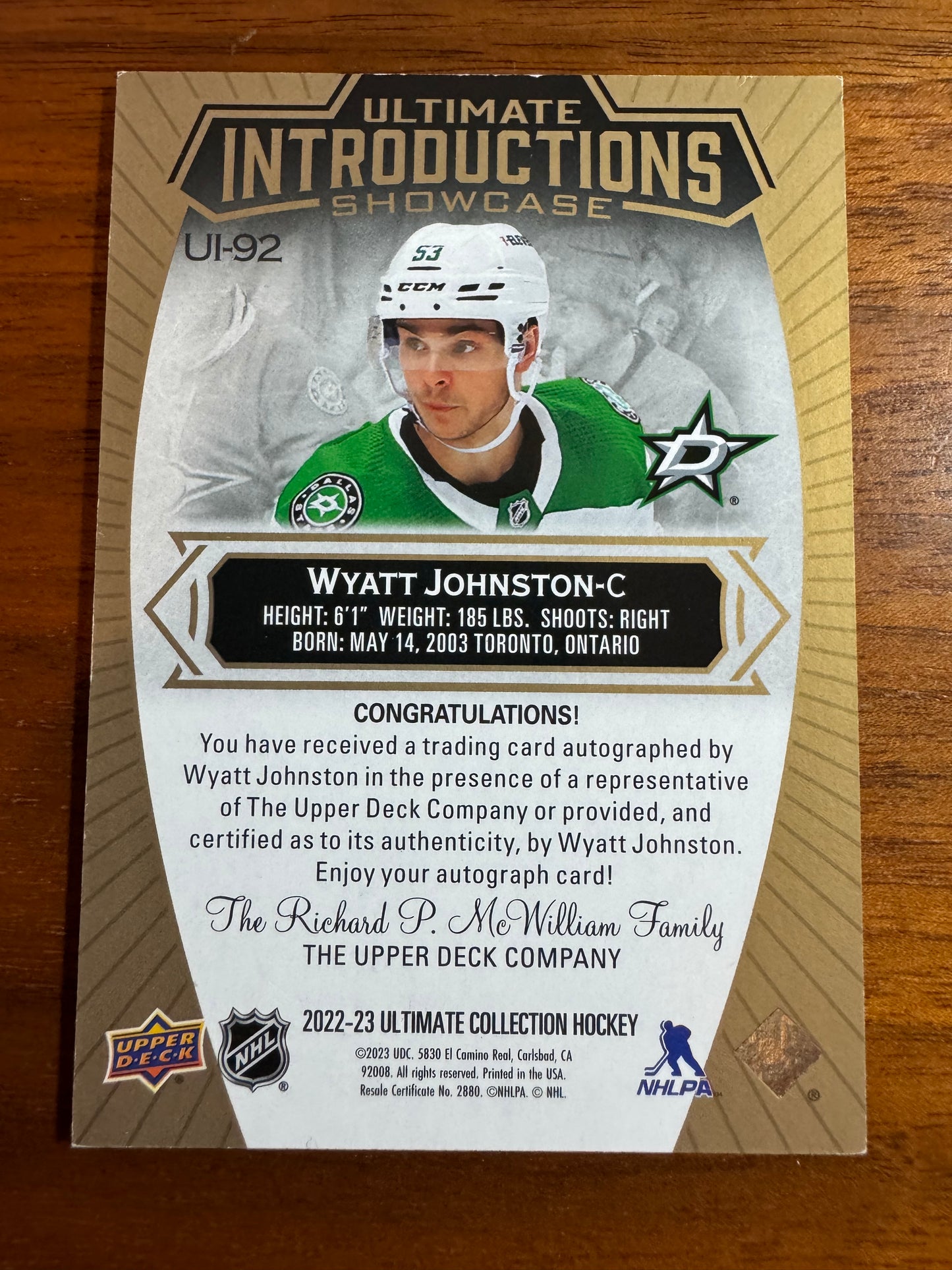 WYATT JOHNSTON - 2022 Upper Deck Ultimate Introductions Showcase Auto #UI-92