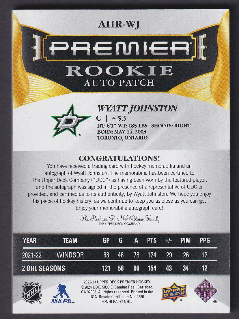 WYATT JOHNSTON - 2022 Upper Deck Premier Rookie Auto Patch #AHR-WJ, /99