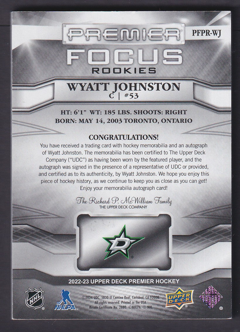 WYATT JOHNSTON - 2022 Upper Deck Premier Focus Rookie Auto Patch #PFPR-WJ, /125