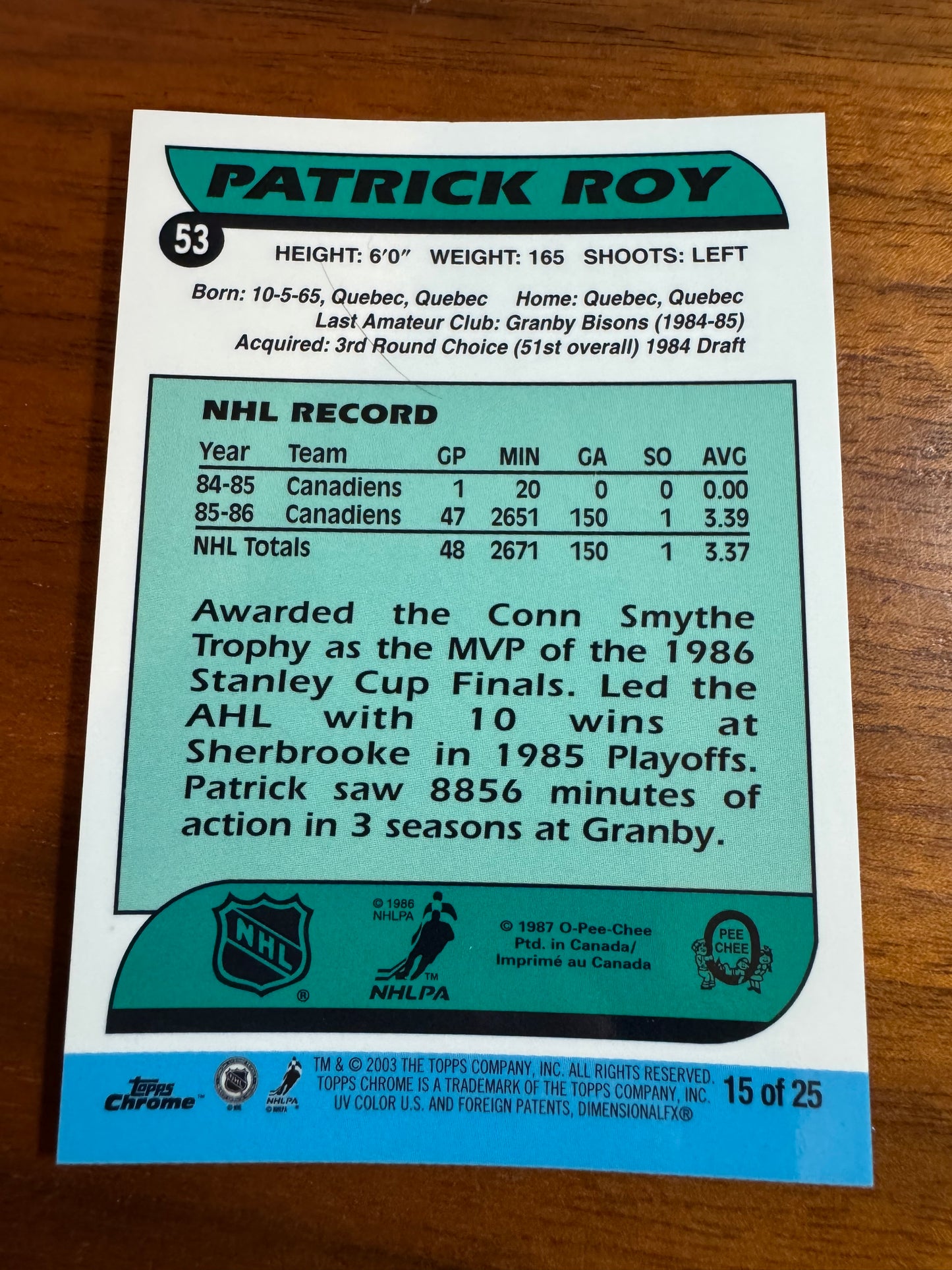 PATRICK ROY - 2002 Topps Chrome O-Pee-Chee Rookie Reprint #15
