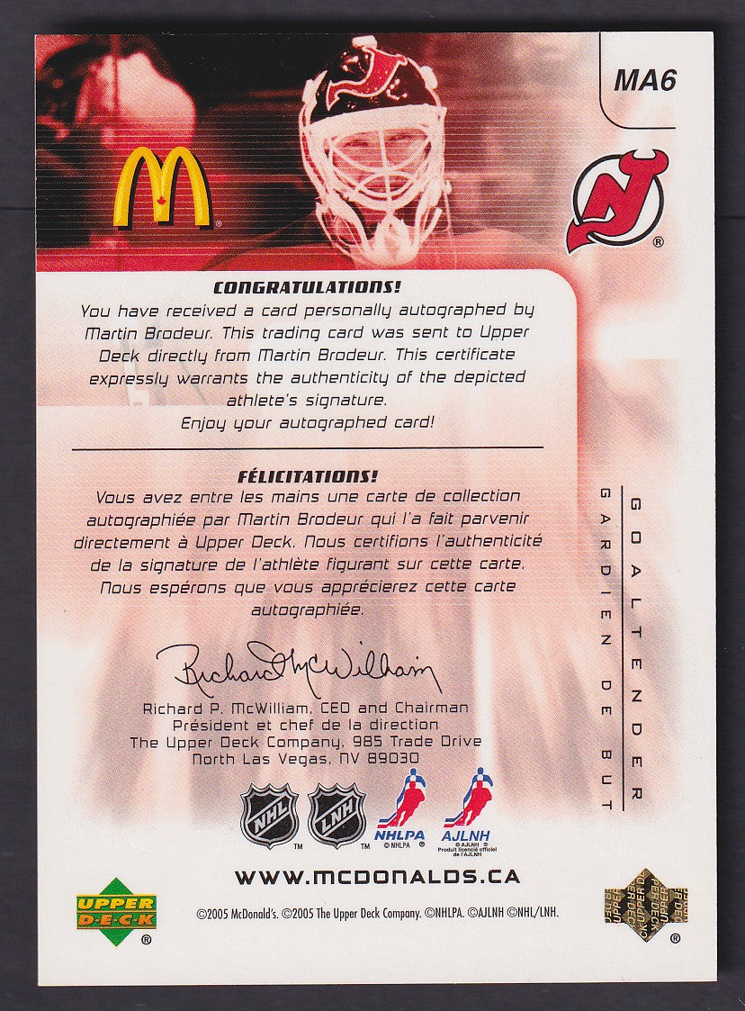 MARTIN BRODEUR - 2005 Upper Deck McDonald's Autograph #MA6, /50