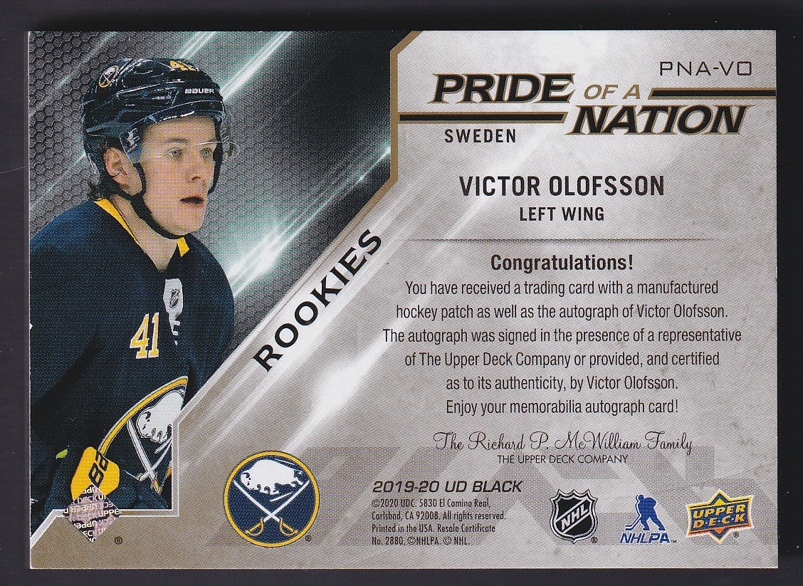VICTOR OLOFSSON - 2019 Upper Deck Pride of a Nation Rookies Auto #PNA-VO, 1/1