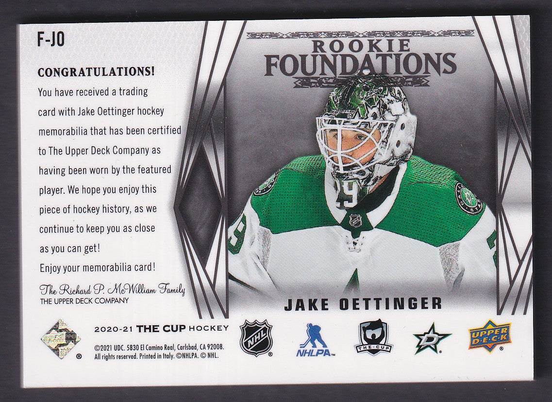 JAKE OETTINGER - 2020 The Cup Rookie Foundations Quad Patch #F-JO, /2