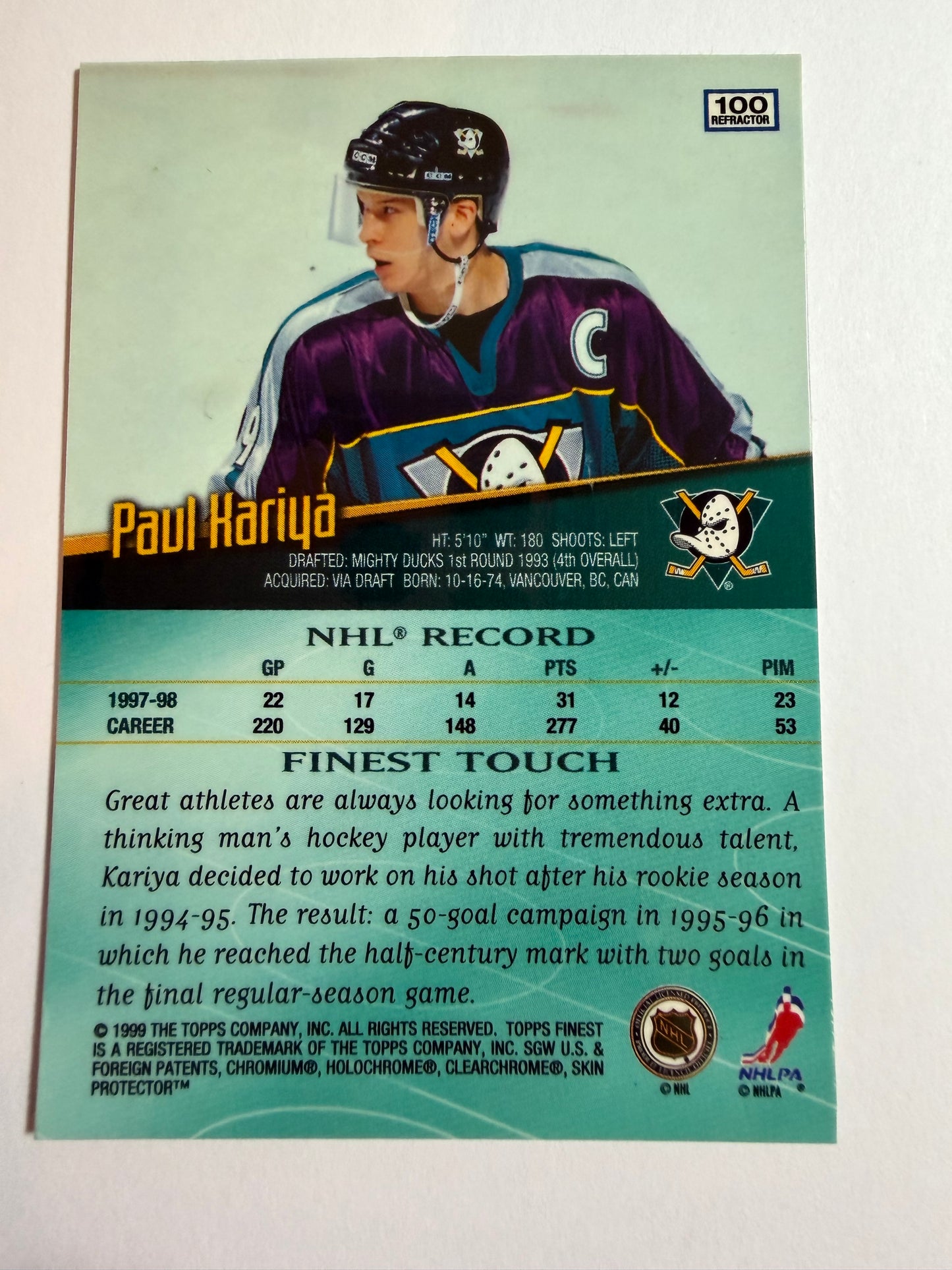 PAUL KARIYA - 1998 Topps Finest REFRACTOR #100