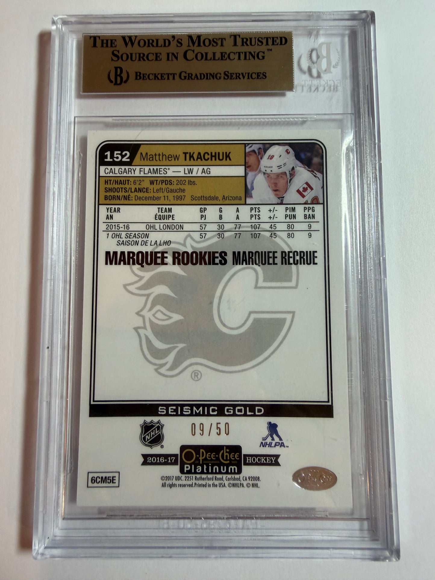 MATTHEW TKACHUK - 2016 OPC Plat Marquee Rookies SEISMIC GOLD #152, /50 BGS 9.5