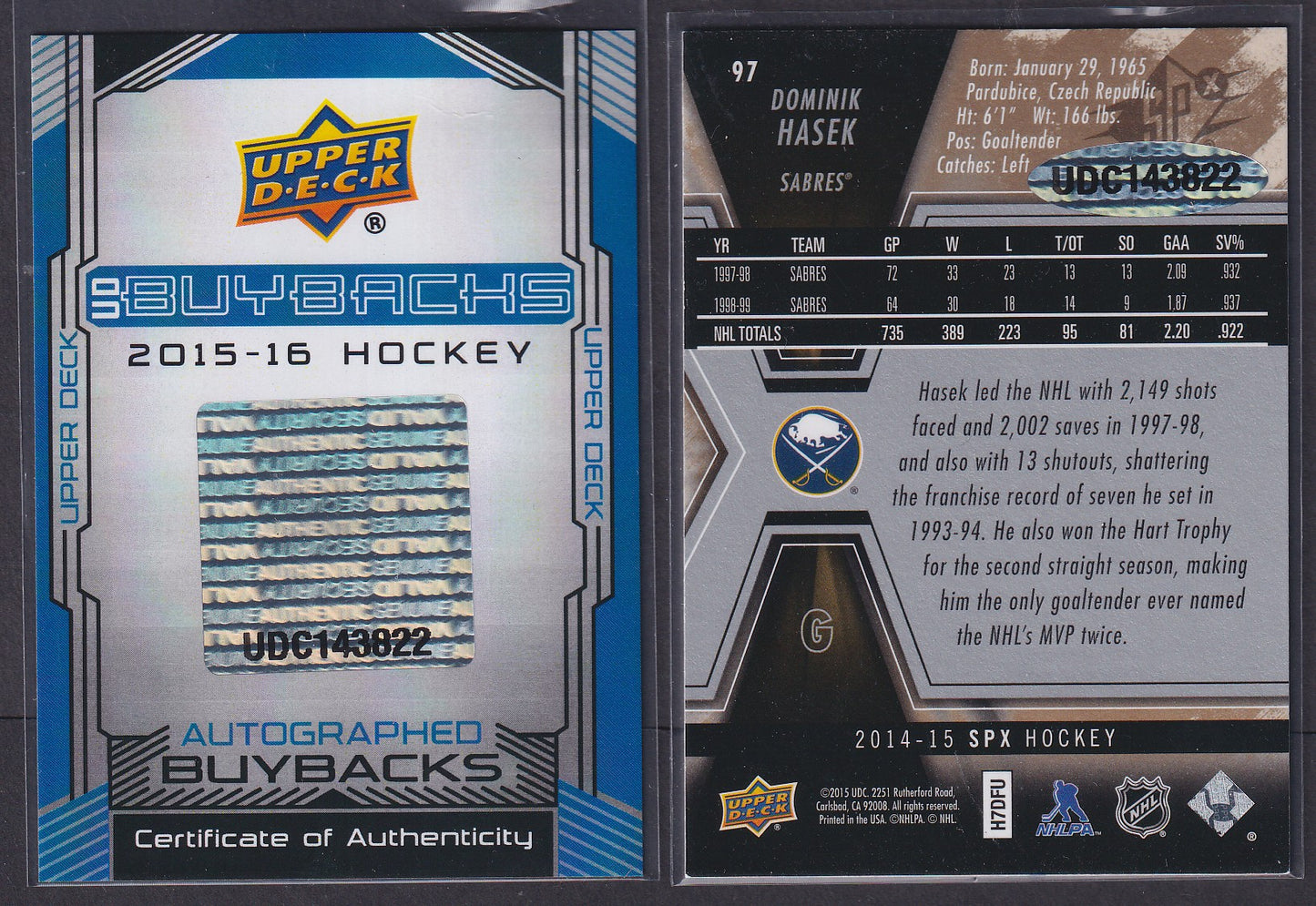 DOMINIK HASEK - 2015 Upper Deck SPx Buybacks Auto, w/ certificate /5