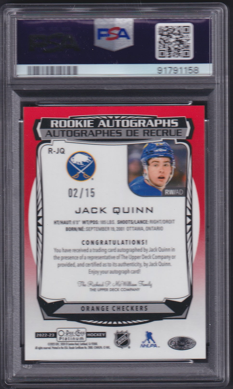 JACK QUINN - 2022 OPC Platinum Rookie Autographs ORANGE CHECKERS PSA 10 /15