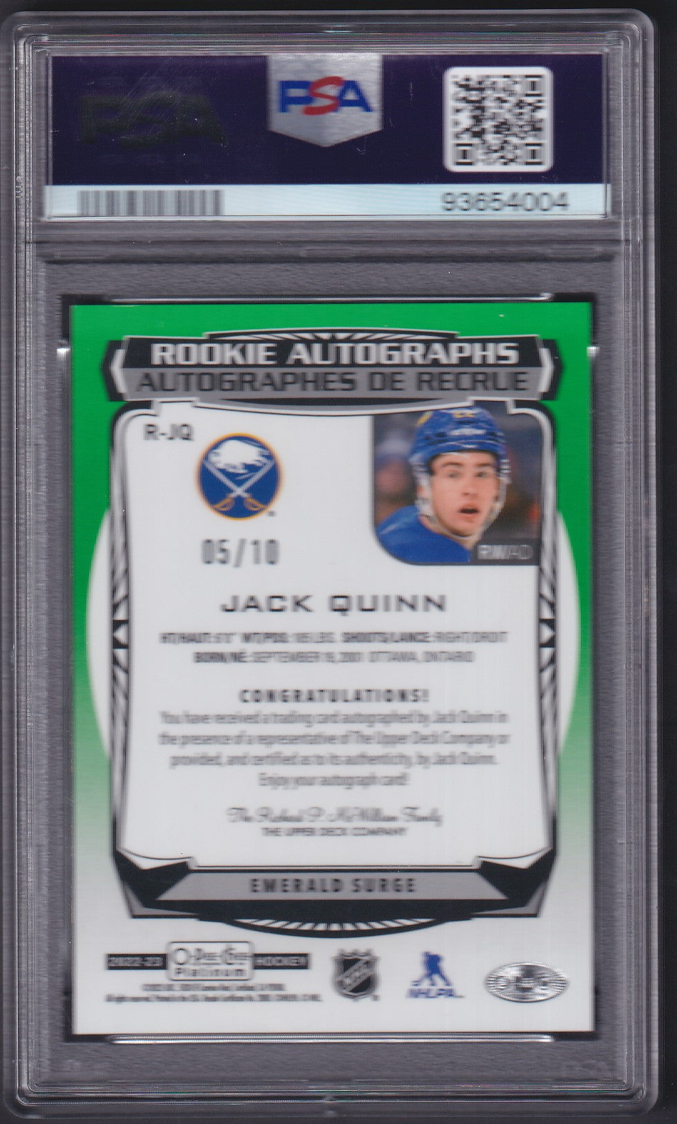 JACK QUINN - 2022 OPC Platinum Rookie Autographs EMERALD SURGE PSA 10 /10