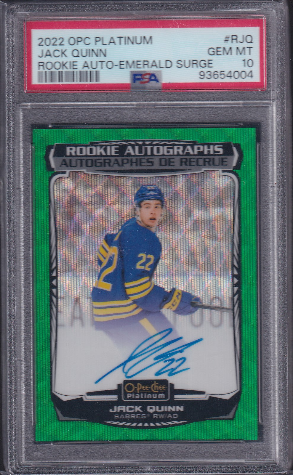 JACK QUINN - 2022 OPC Platinum Rookie Autographs EMERALD SURGE PSA 10 /10