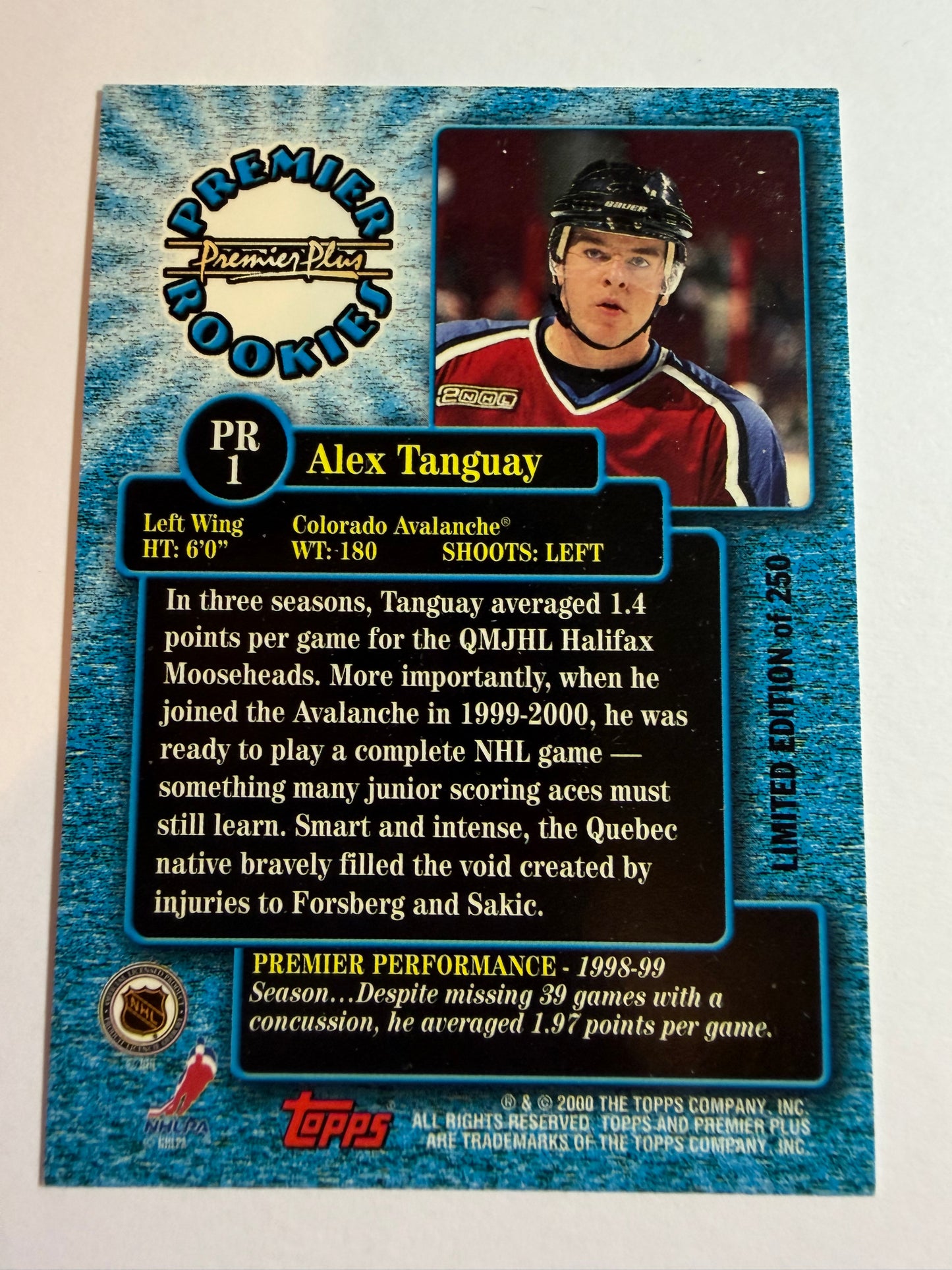 ALEX TANGUAY - 1999 Topps Premier Plus Rookies #PR1, /250, (CORNER)