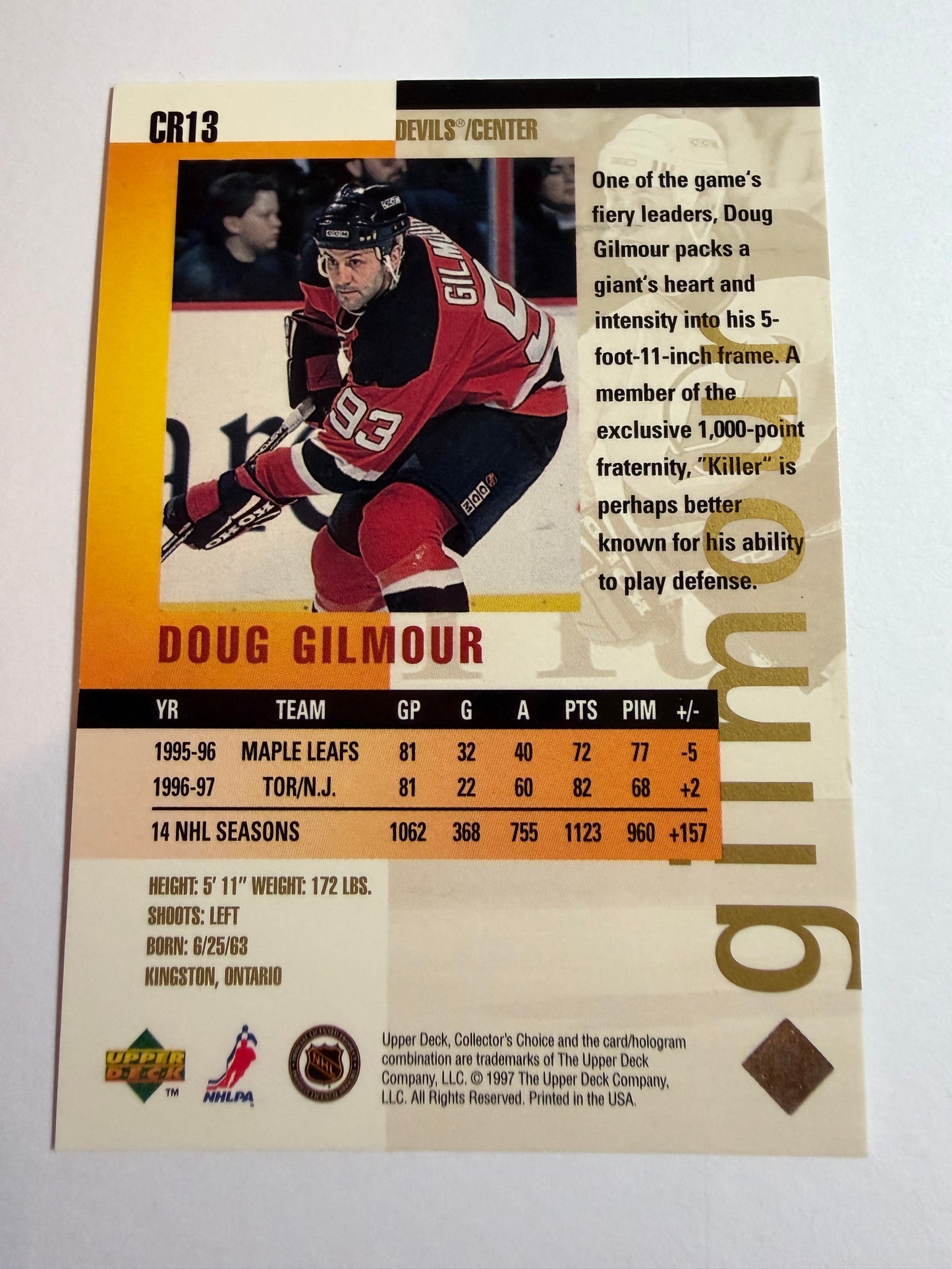 DOUG GILMOUR - 1997 UD Collector's Choice You Crash the Game Gold #CR13 (Corner)