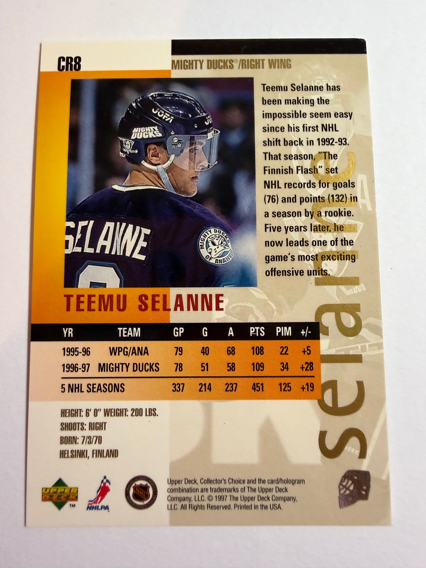 TEEMU SELANNE - 1997 UD Collector's Choice You Crash the Game GOLD #CR8 (corner)