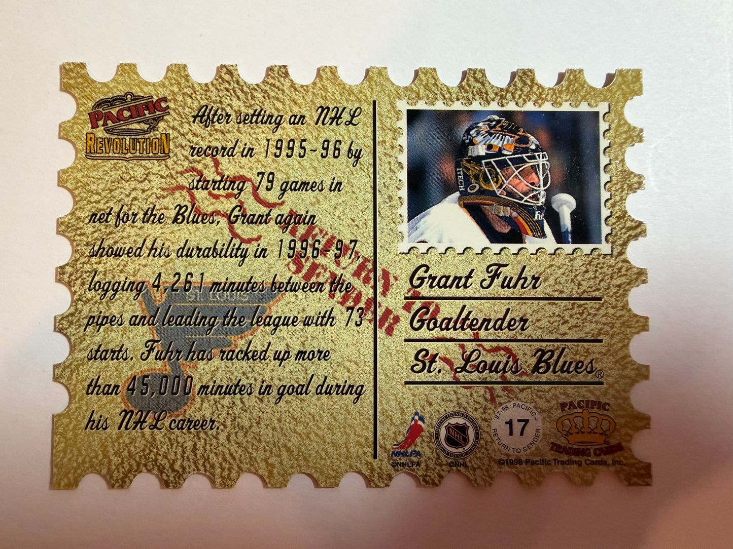 GRANT FUHR - 1997 Pacific Revolution Return to Sender Die Cut #17