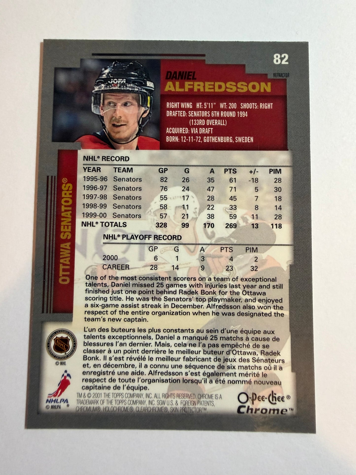 DANIEL ALFREDSSON - 2000 O-Pee-Chee Chrome Refractor #82