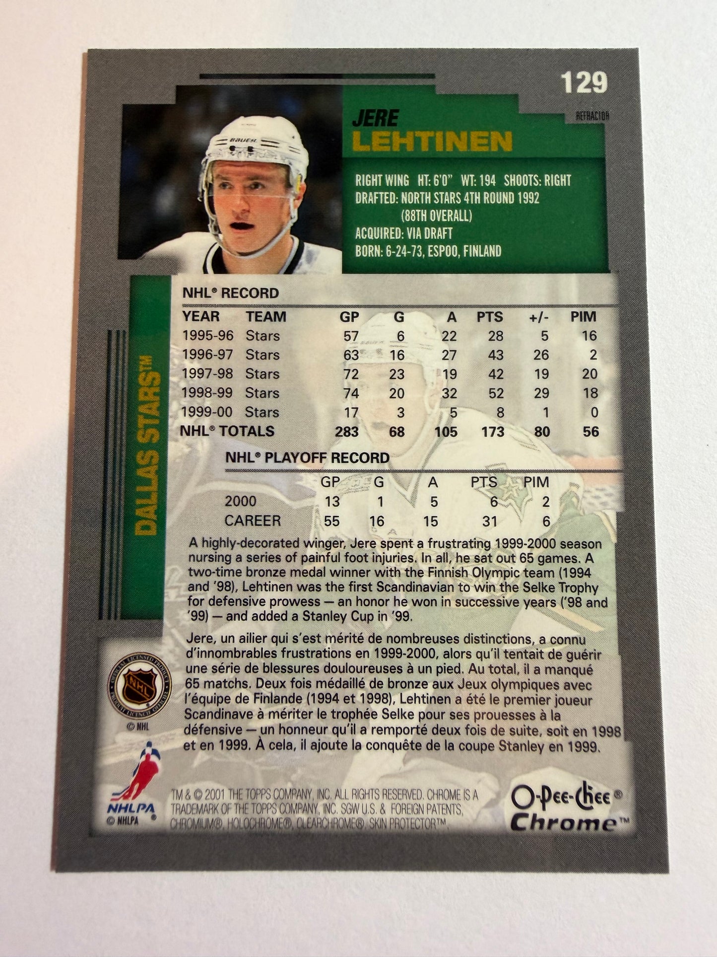 JERE LEHTINEN - 2000 O-Pee-Chee Chrome Refractor #129