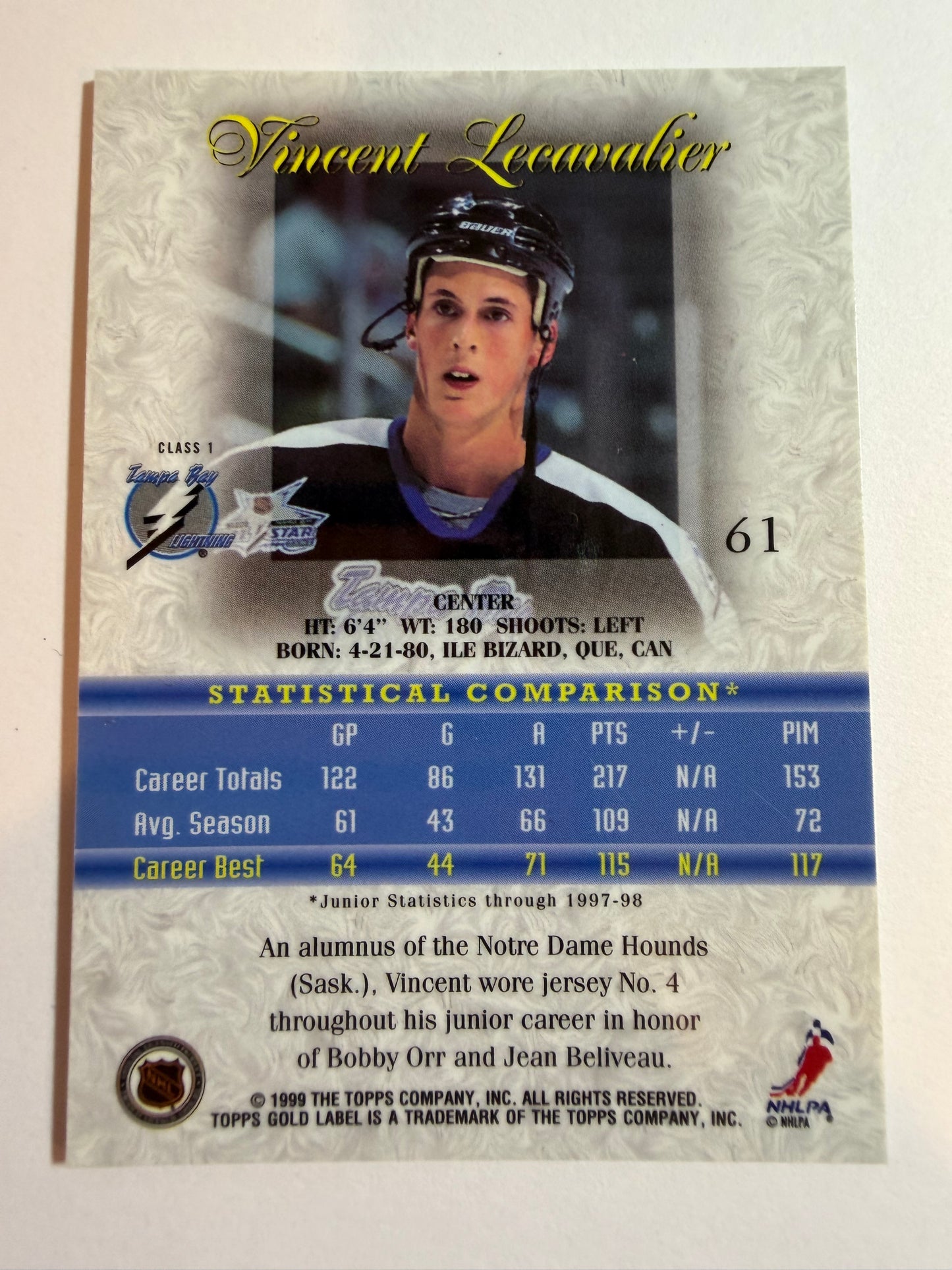 VINCENT LECAVALIER - 1998 Topps Gold Label BLACK Class 1 #61