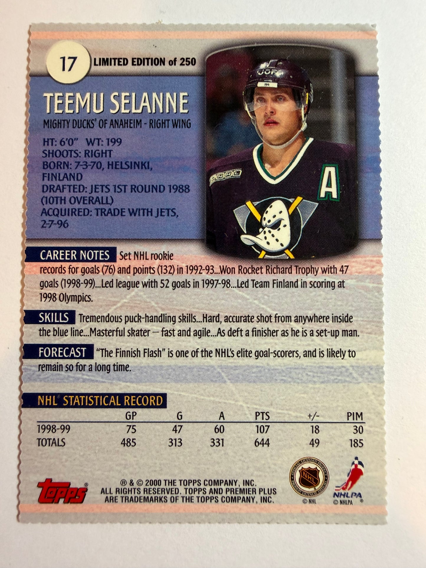 TEEMU SELANNE - 1999 Topps Premier Plus Die Cut #17, /250