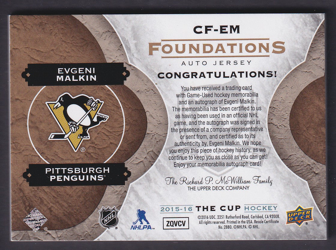 EVGENI MALKIN - 2015 The Cup Foundations Auto Quad Patch #CF-EM, /15