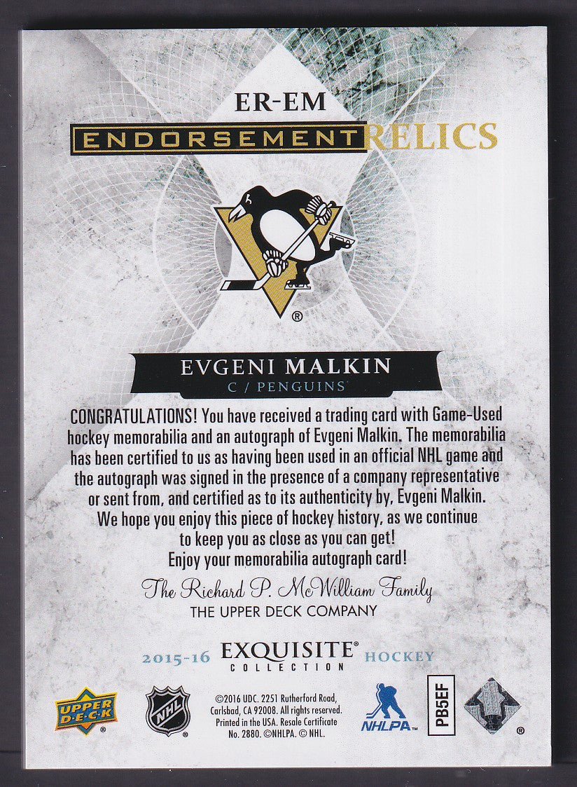 EVGENI MALKIN - 2015 UD Exquisite Endorsement Relics Auto Patch #ER-EM, /25