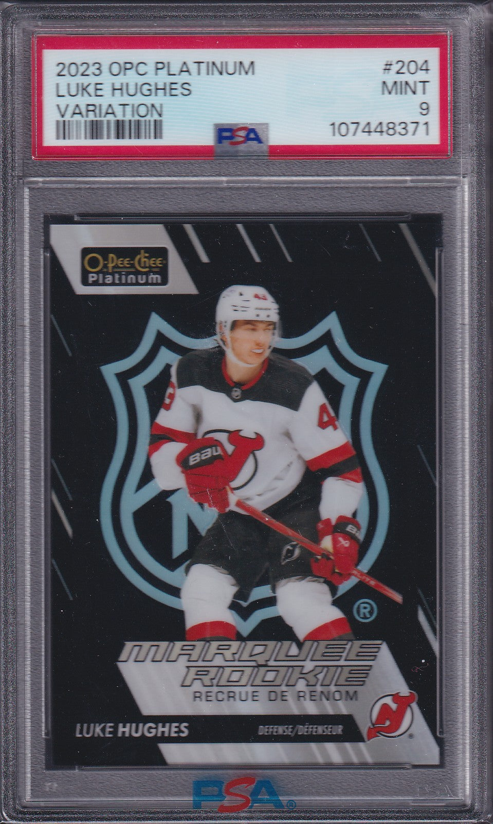 LUKE HUGHES - 2023 O-Pee-Chee Platinum Marquee Rookies SHIELD Var #204, PSA 9