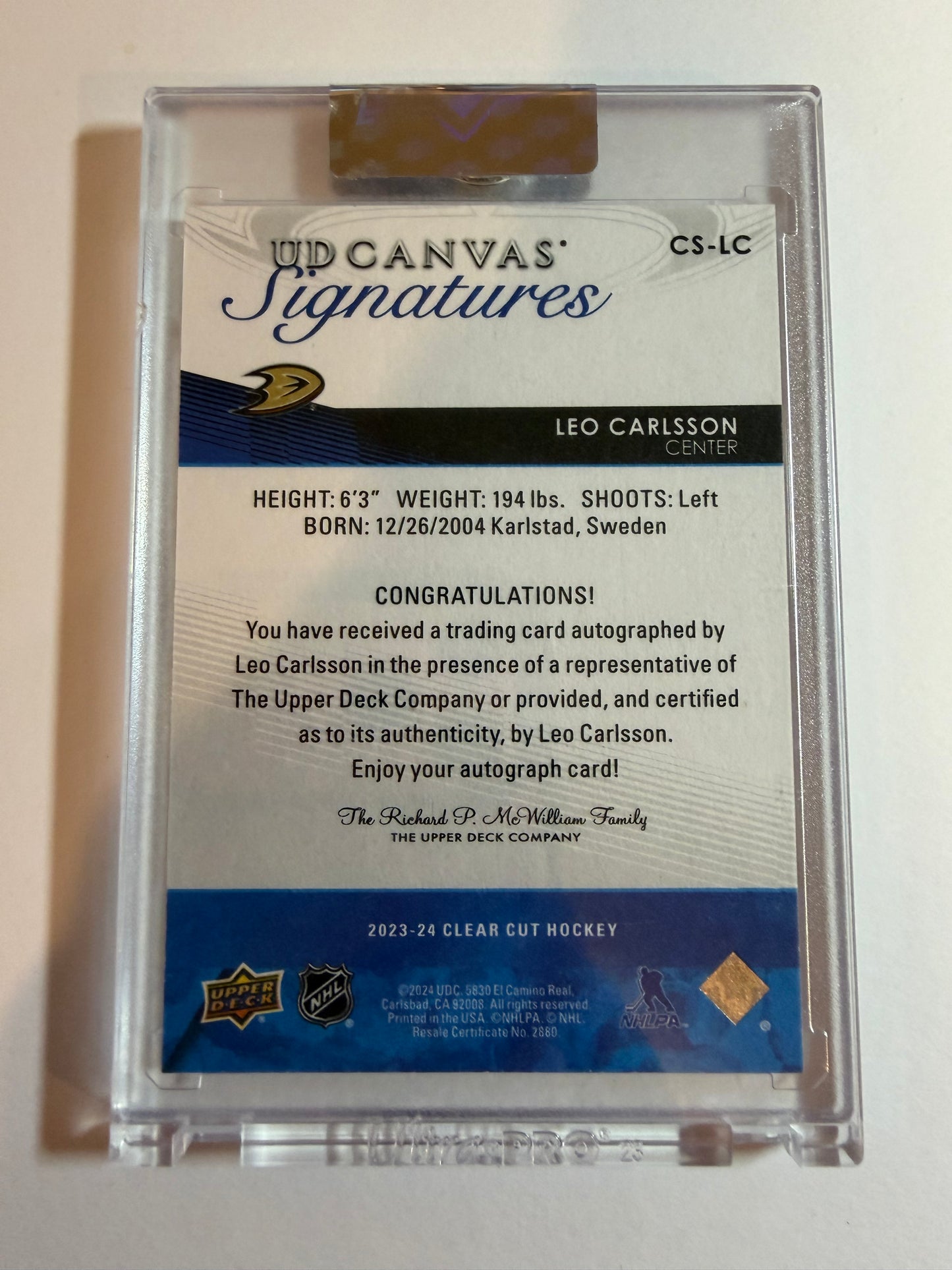 LEO CARLSSON - 2023 UD Clear Cut Canvas Signatures Rookie Auto #CS-LC, /91