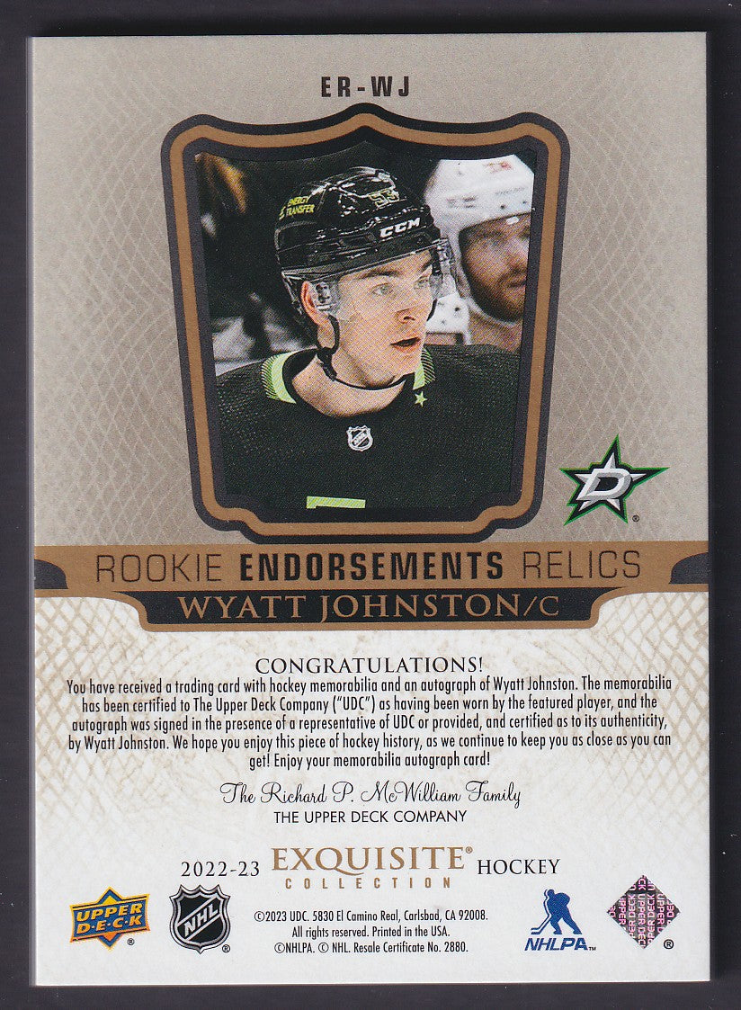 WYATT JOHNSTON - 2022 UD Exquisite Rookie Endorsement Relics Auto Patch, /50