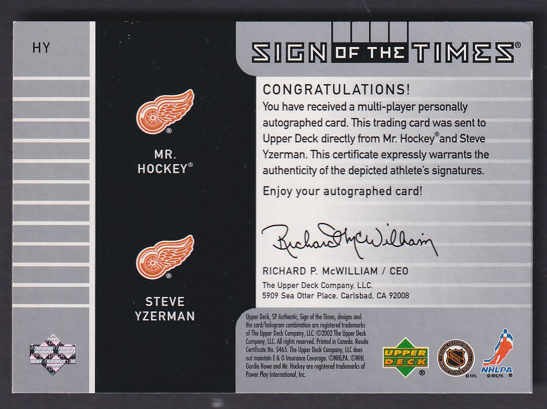 HOWE / YZERMAN - 2001 UD SP Authentic Sign of the Times Auto #HY, /150