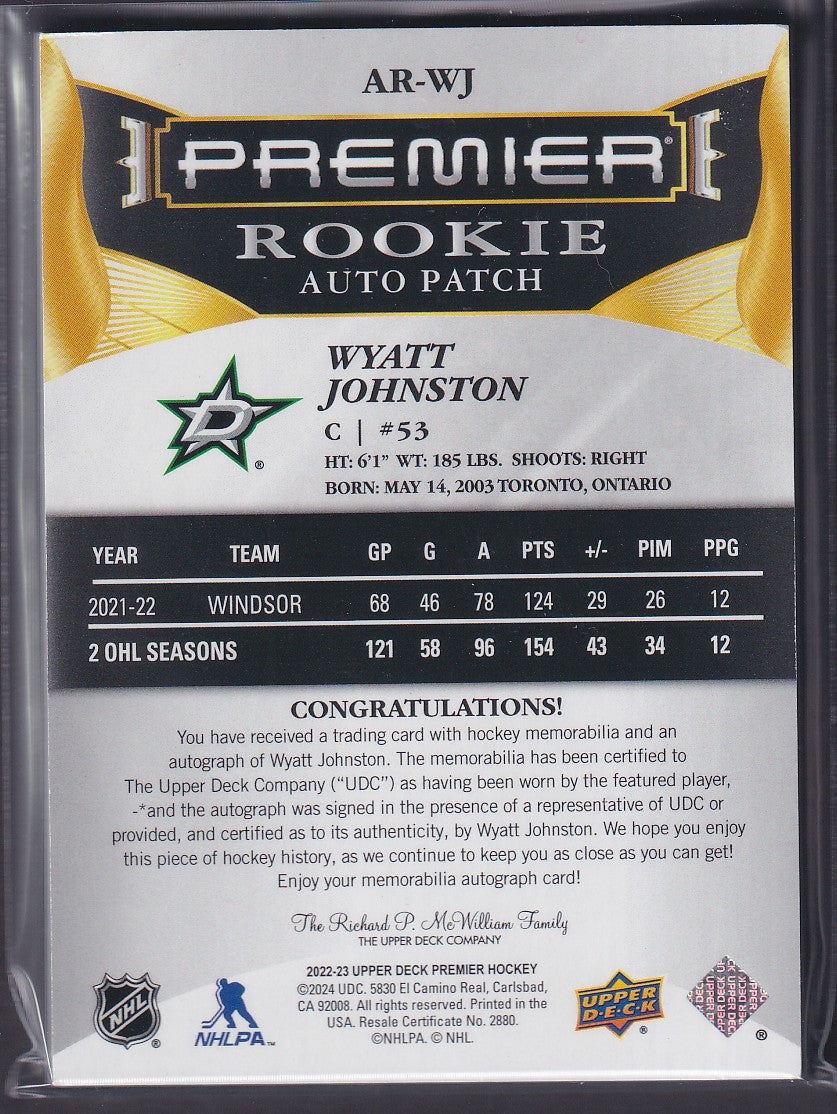WYATT JOHNSTON - 2022 Upper Deck Premier Rookie Auto Patch #AR-WJ, /99
