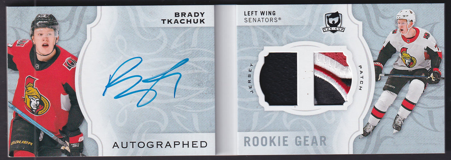 BRADY TKACHUK - 2018 The Cup Autographed Rookie Gear Booklet #ARG-BT, /24