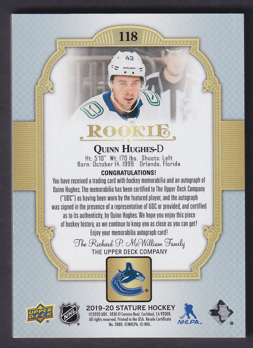 QUINN HUGHES - 2019 Upper Deck Stature Rookie Auto Patch #118, /33