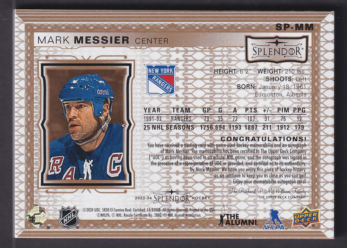 MARK MESSIER - 2023 Upper Deck Splendor Auto Patch #SP-MM, /36