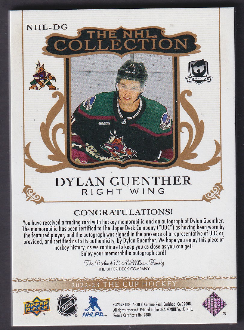 DYLAN GUENTHER - 2022 The Cup The NHL Collection Auto Patch #NHL-DG, /35