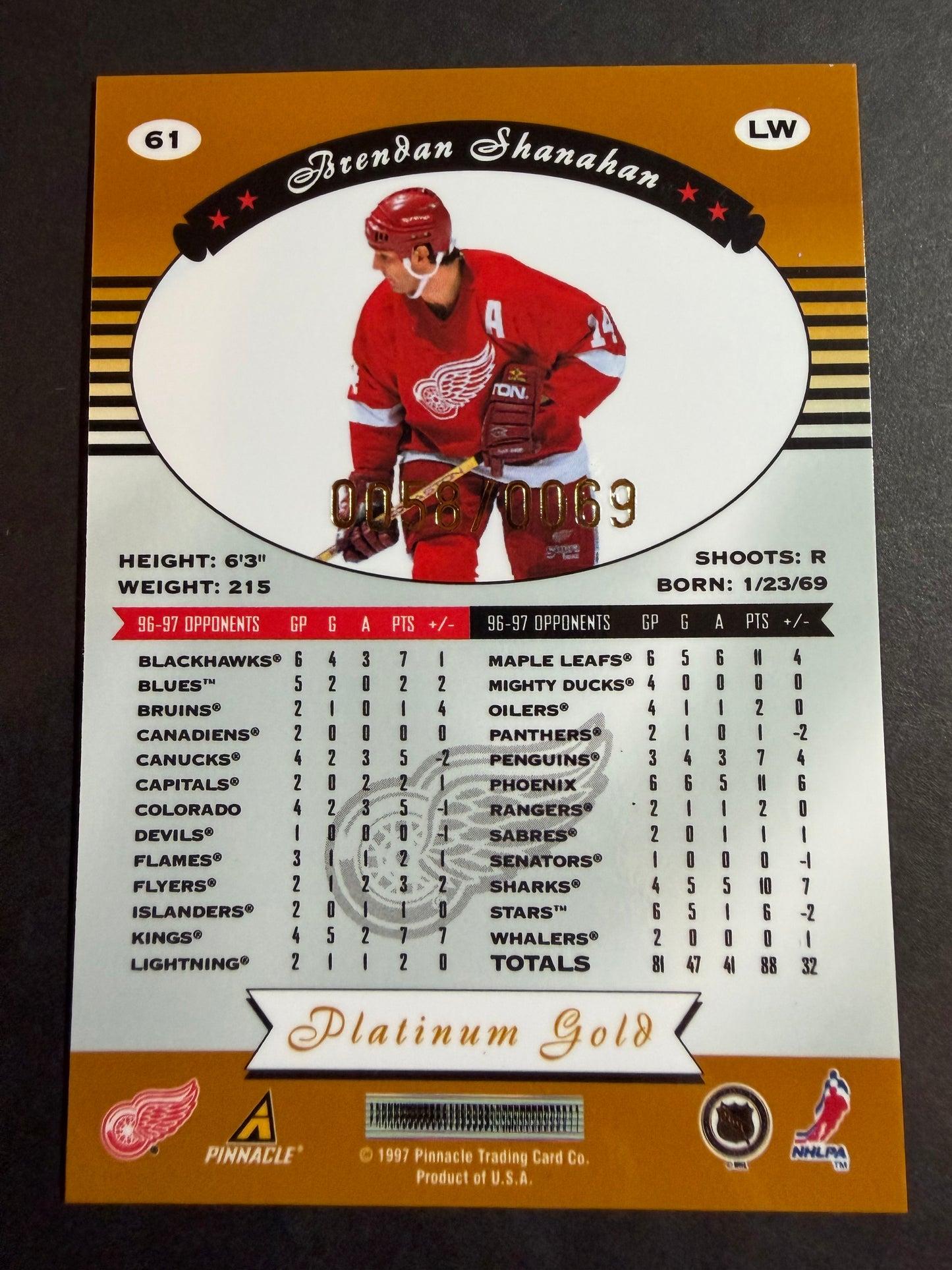BRENDAN SHANAHAN - 1997 Pinnacle Totally Certified PLATINUM GOLD #61, 58/69