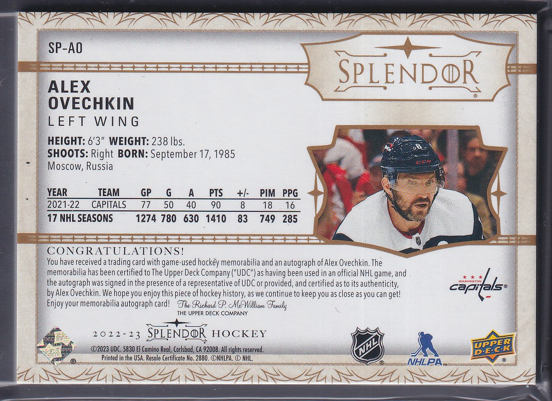 ALEX OVECHKIN - 2022 Upper Deck Splendor Auto Patch #SP-AO, /36
