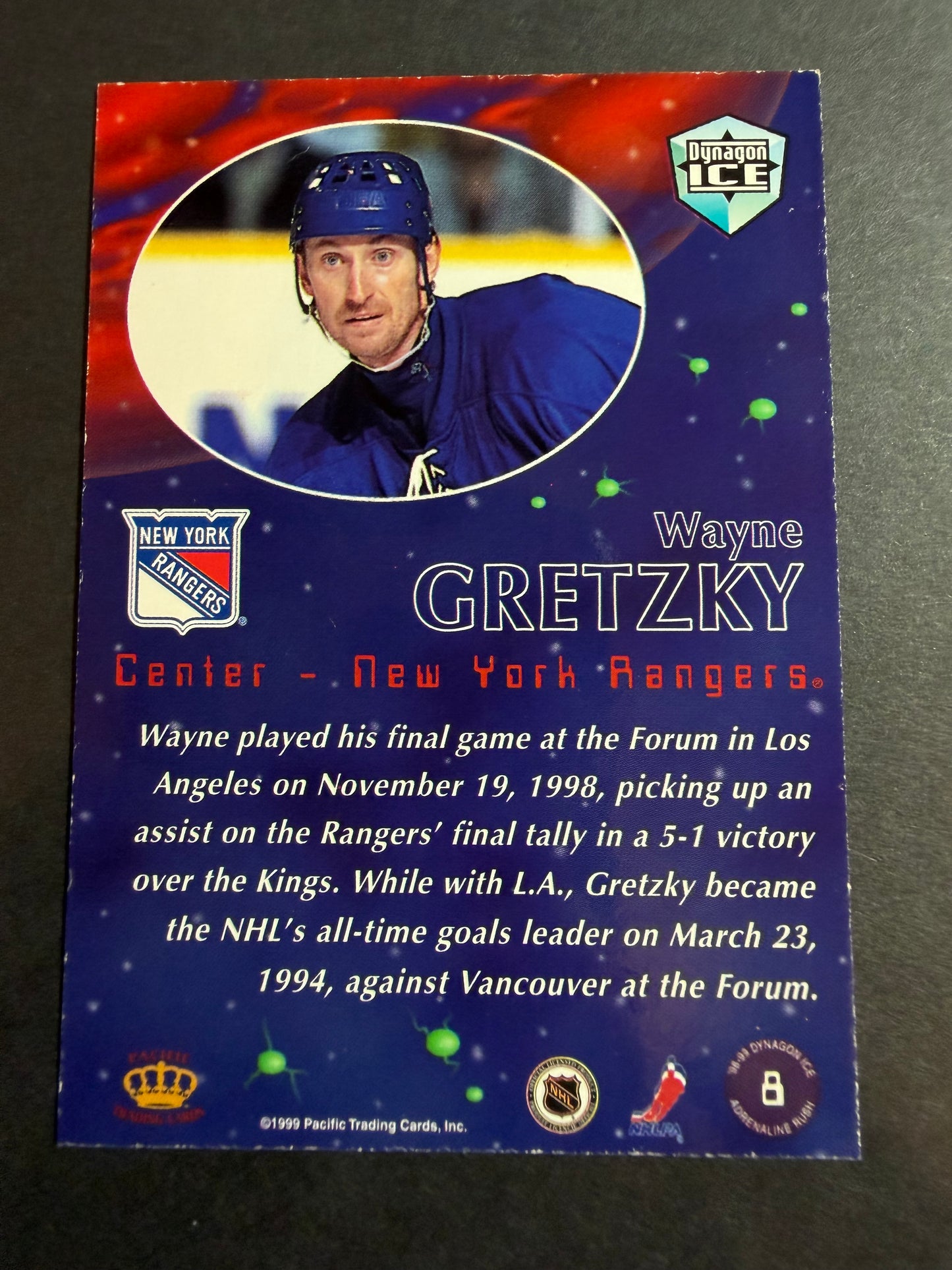 WAYNE GRETZKY - 1998 Pacific Dynagon Ice Adrenaline Rush ICE BLUE, Print Run 10