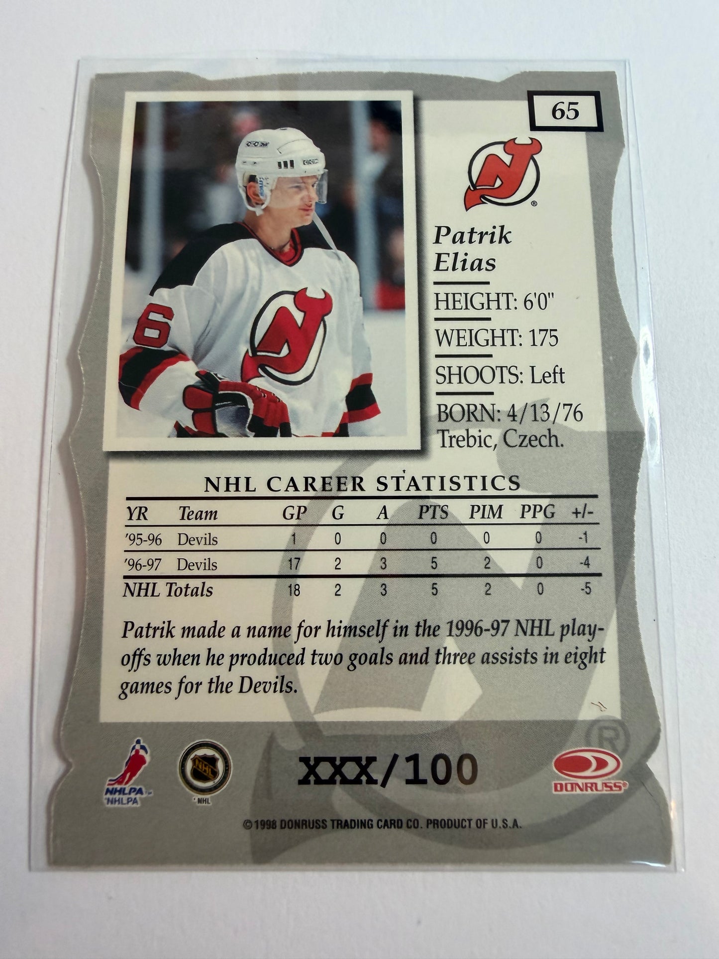 PATRIK ELIAS - 1997 Donruss Elite Status Die Cut #65, xxx/100