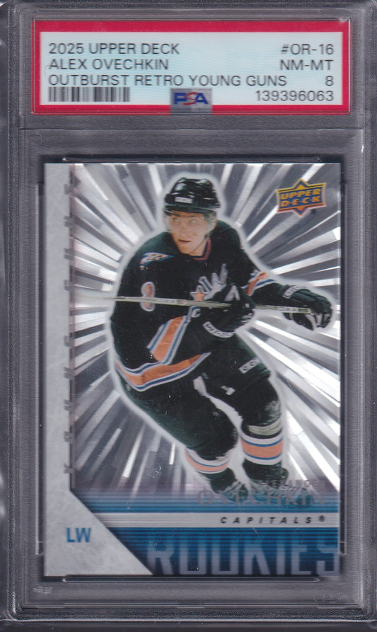 ALEX OVECHKIN - 2025 Upper Deck Young Guns Retro Silver Outburst #OR-16, PSA 8