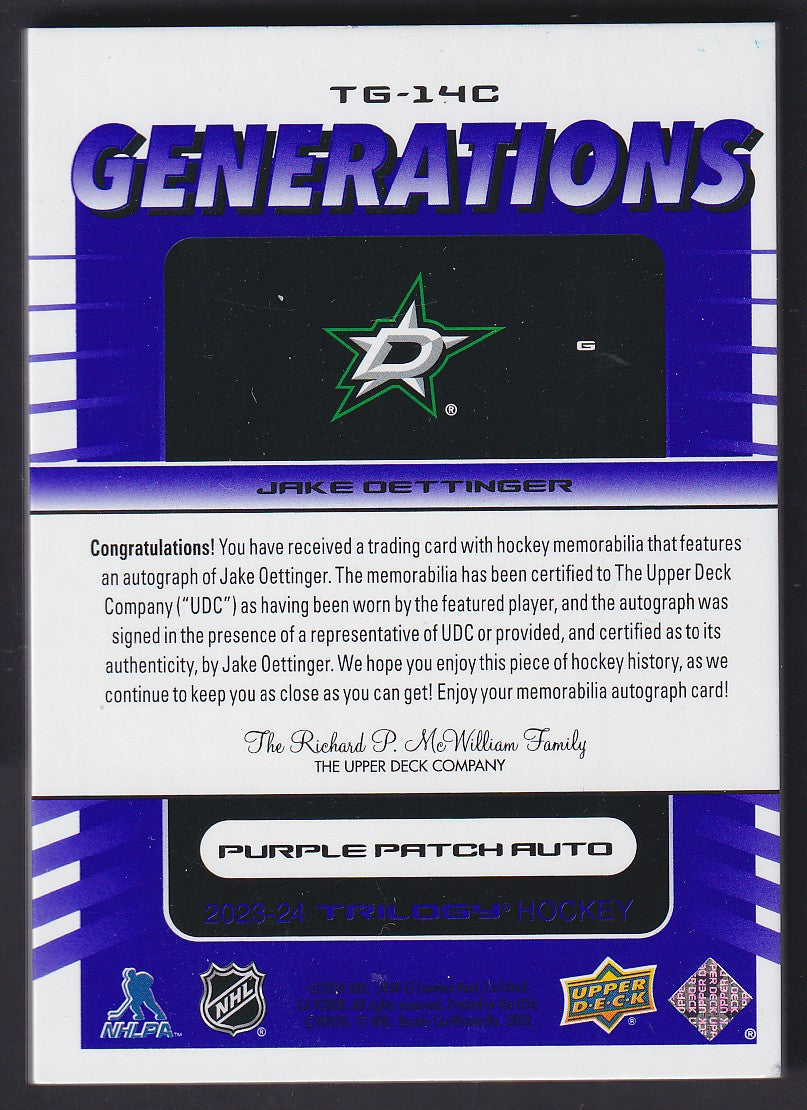 JAKE OETTINGER - 2023 Upper Deck Trilogy Generations Auto Patch #TG-14C, 1/1