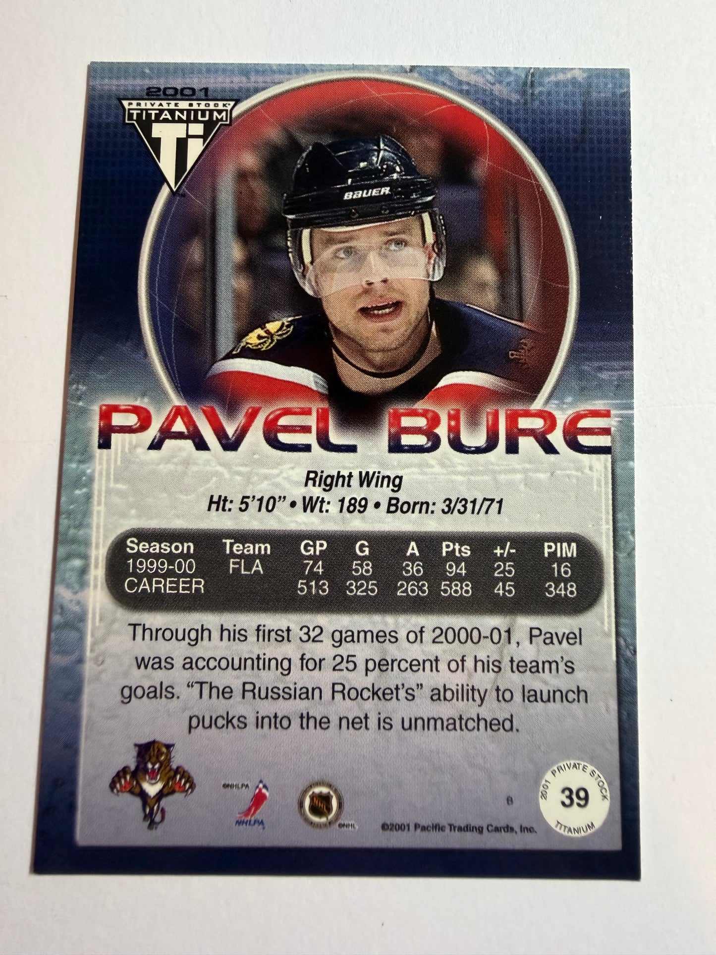 PAVEL BURE - 2000 Private Stock Titanium Gold Parallel #39, /99