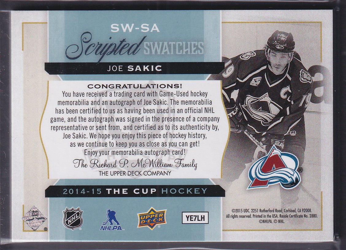 JOE SAKIC - 2014 The Cup Scripted Swatches Auto Patch #SW-SA, /35