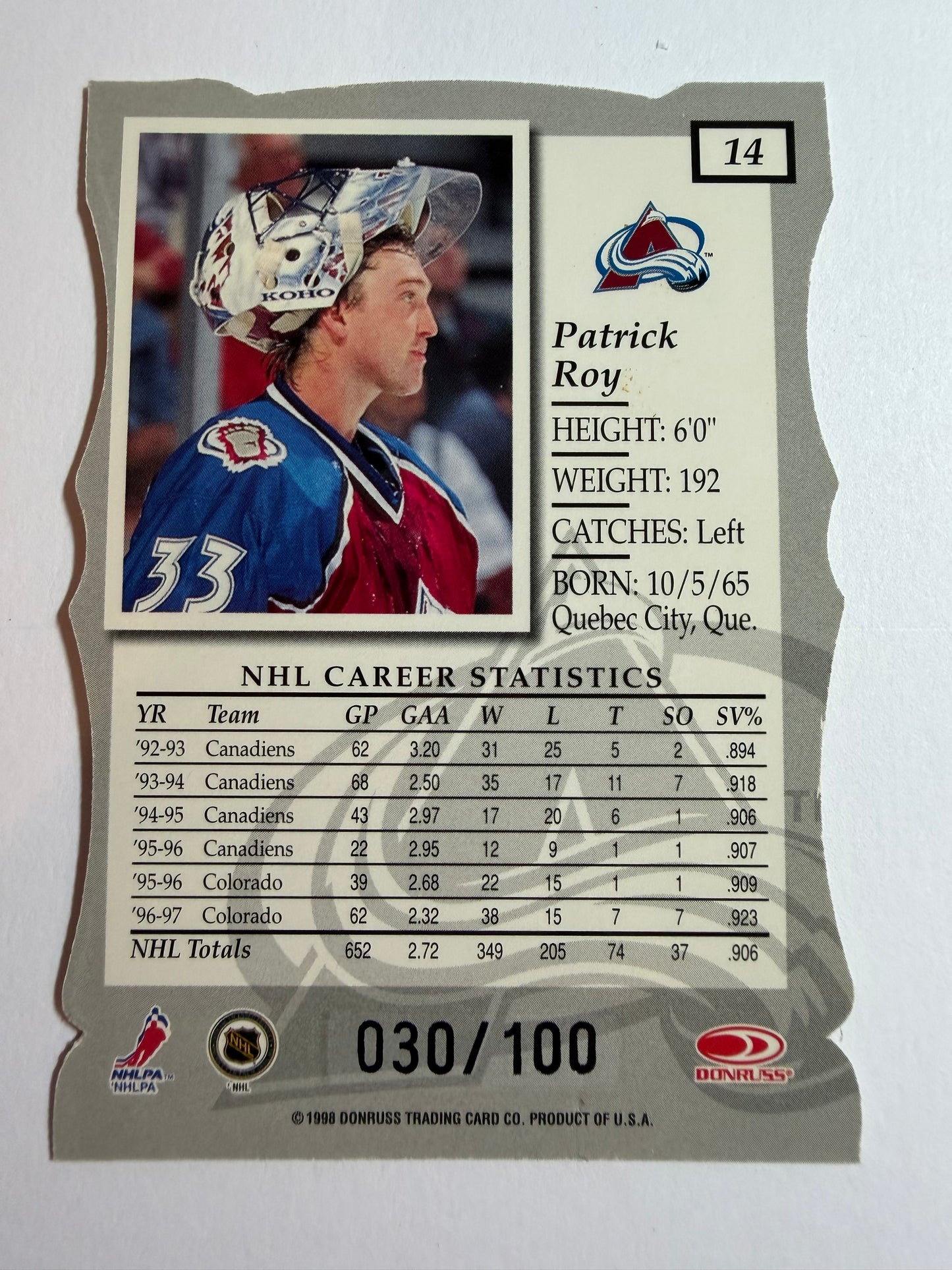 PATRICK ROY - 1997 Donruss Elite Status Die Cut #14, /100