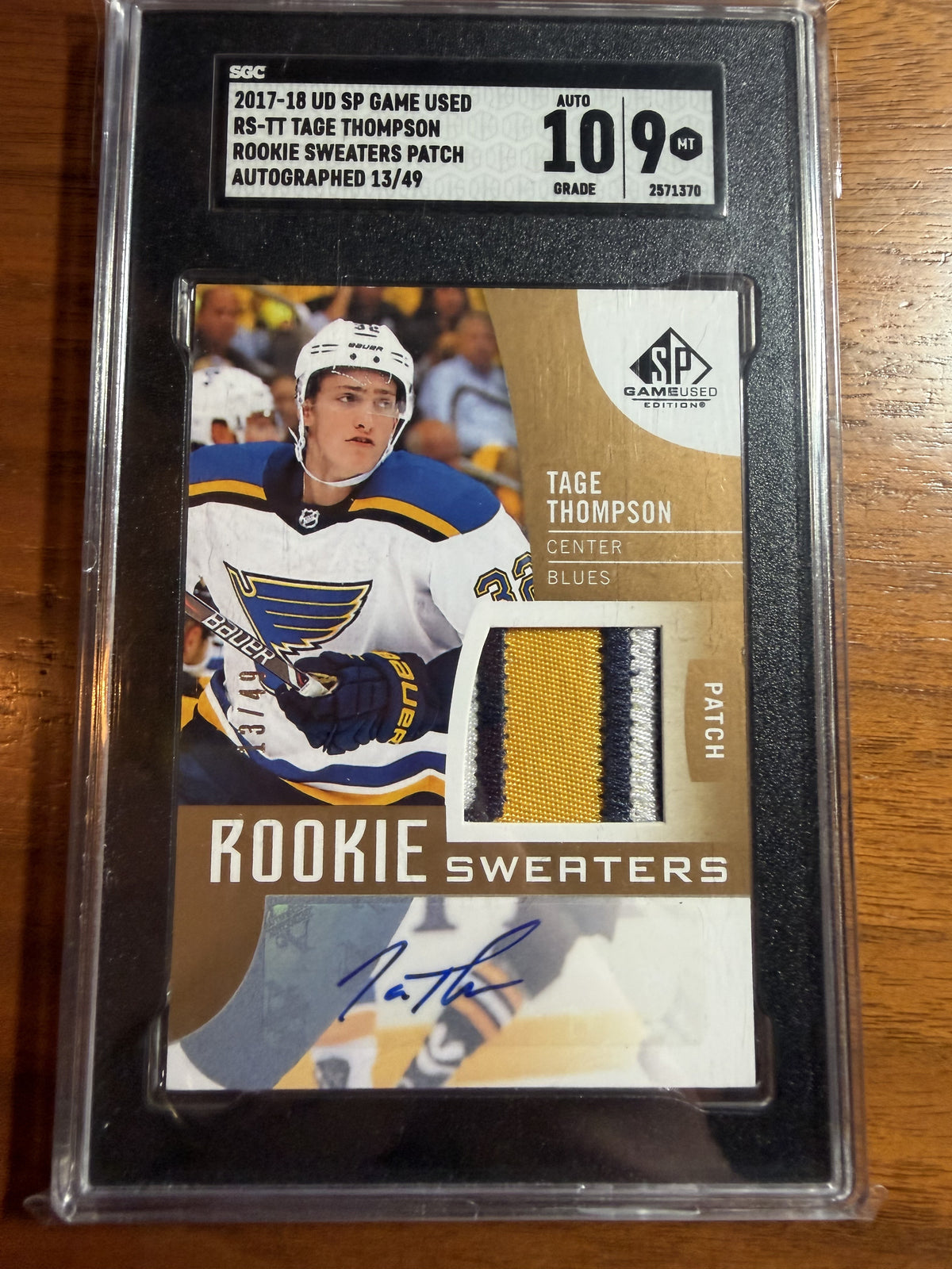 TAGE THOMPSON - 2017 SP Game Used Rookie Sweaters Auto Patch #RS-TT, /49, SGC 9