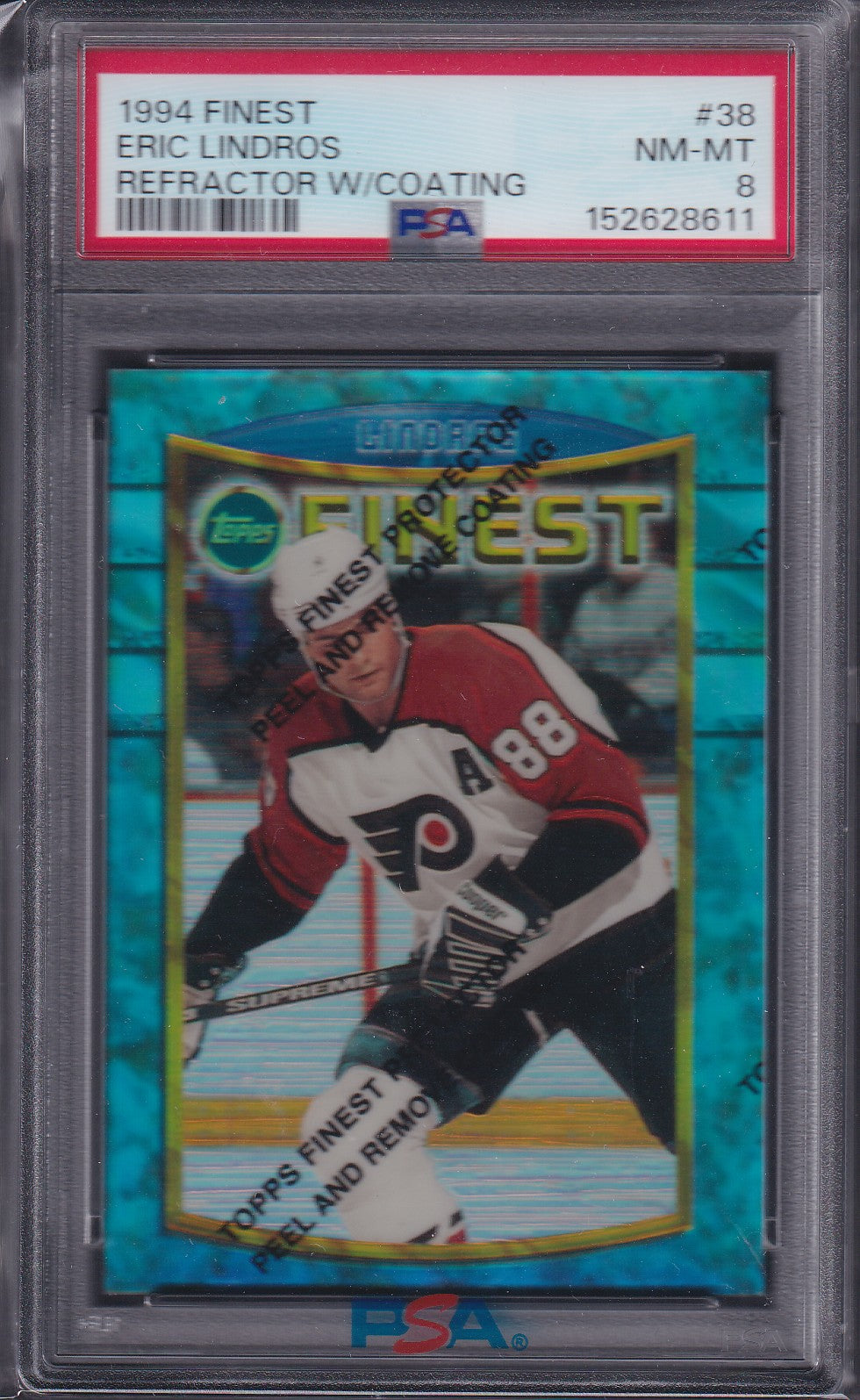 ERIC LINDROS - 1994 Topps Finest Refractor w/ Coating #38, PSA 8