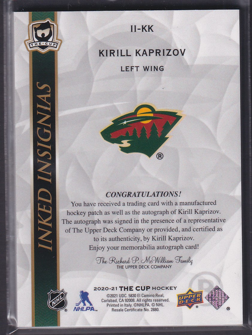 KIRILL KAPRIZOV - 2020 The Cup Rookie Inked Insignias Auto #II-KK, /75