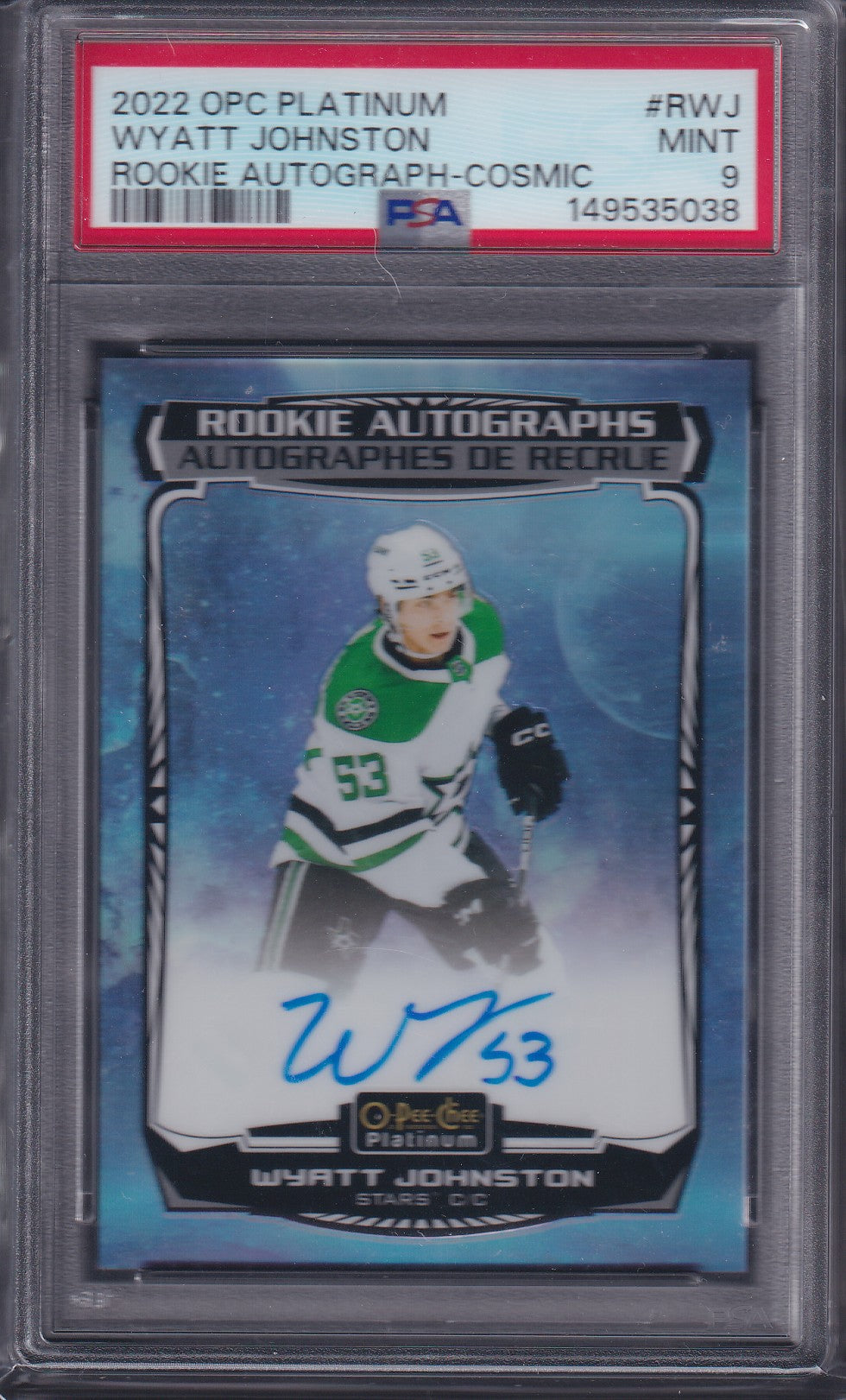 WYATT JOHNSTON - 2022 O-Pee-Chee Rookie Autographs COSMIC #R-WJ, /35, PSA 9