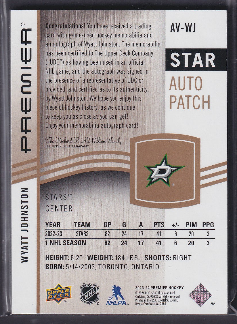 WYATT JOHNSTON - 2023 Upper Deck Premier Star Auto Patch #AV-WJ, /5