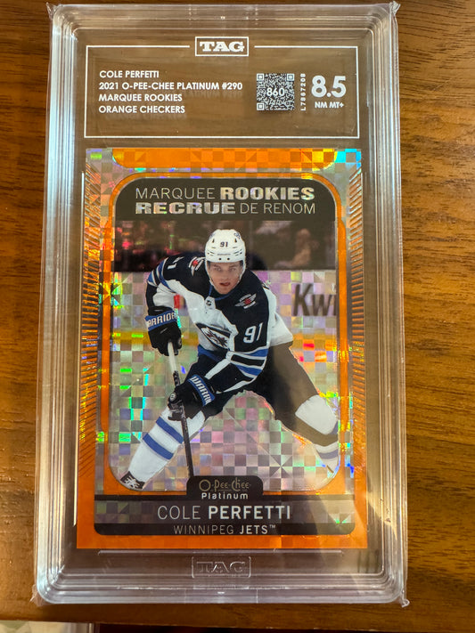 COLE PERFETTI - 2021 OPC Plat Marquee Rookies ORANGE CHECKERS #290, /25, TAG 8.5