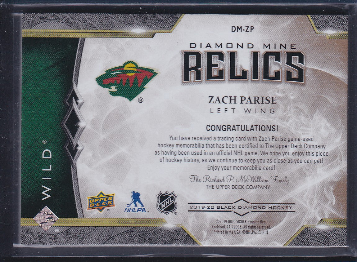 ZACH PARISE - 2019 Black Diamond Mine Relics Premium Patch #DM-ZP, /30