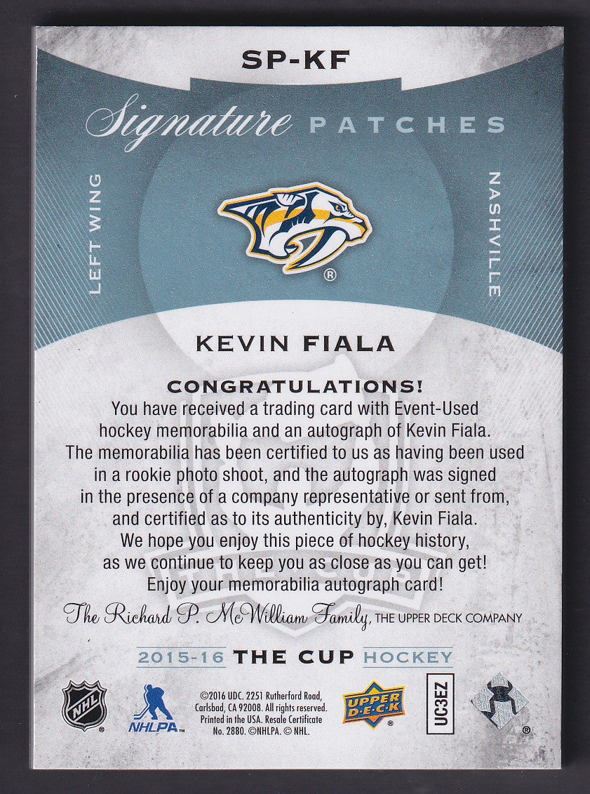 KEVIN FIALA - 2015 The Cup Signatures Patches Auto ROOKIE #SP-KF, /99